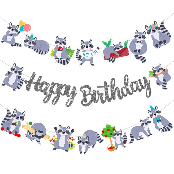 Raccoon Happy Birthday Banners Silver Woodland Birthday Party Decoration Raccoon Themed Party Cutout Banners for Raccoon Lover Birthday Party Decoration Woodland Animal Baby Shower Supplies
