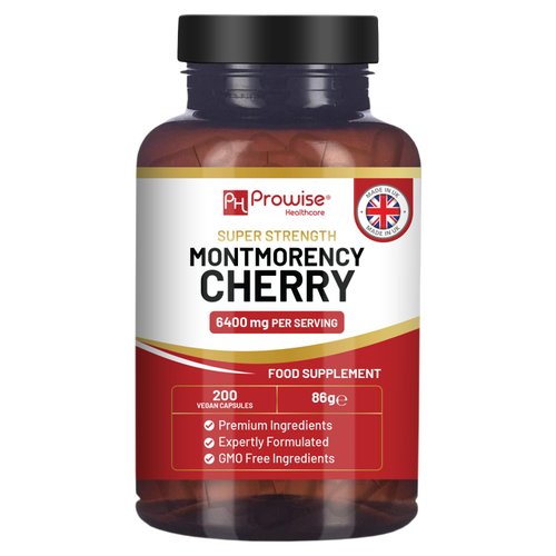 Montmorency Cherry 6400mg - 200 Tart Cherry Capsules - Natural Tart Cherry Extract Supplement for Men & Women – Super Strength, Gluten Free, Vegan and GMO Free - Made in The UK by Prowise