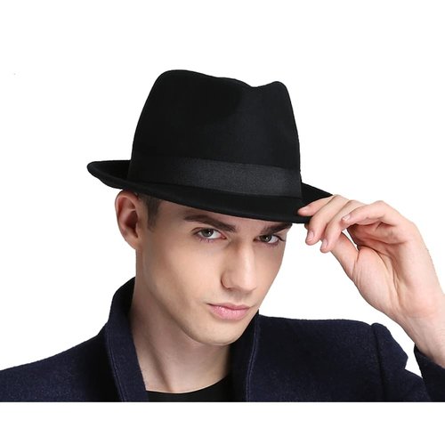 Men Warm Fedoras Felt Trilby Hat Vintage Panama Hat with Short Brim Winter Bowler Hat Outdoor British Hat Jazz Costume Hat Black
