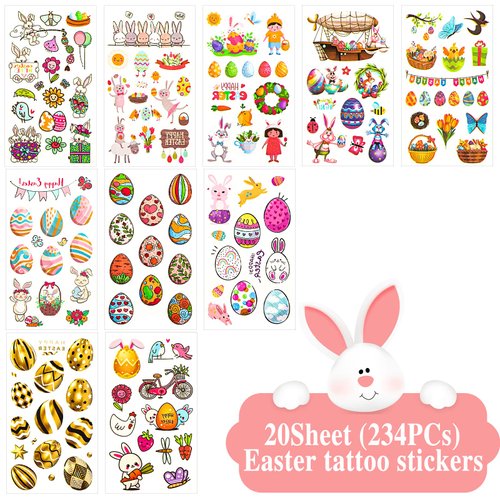 20 Sheets Easter Temporary Tattoos for Kids Easter Egg Bunny Chick Tattoos Stickers for Boys Girls Easter Party Favors Treats Goodie Bag Fillers