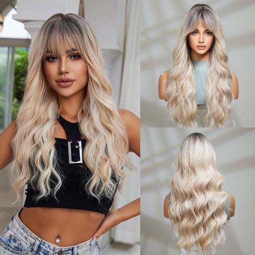 INSGOGO Dirty Blonde Wigs with Bangs for Women Curly Long Wavy Hair Wigs Heat Resistant Synthetic Fiber Wigs for Daily Party Use 26 Inches
