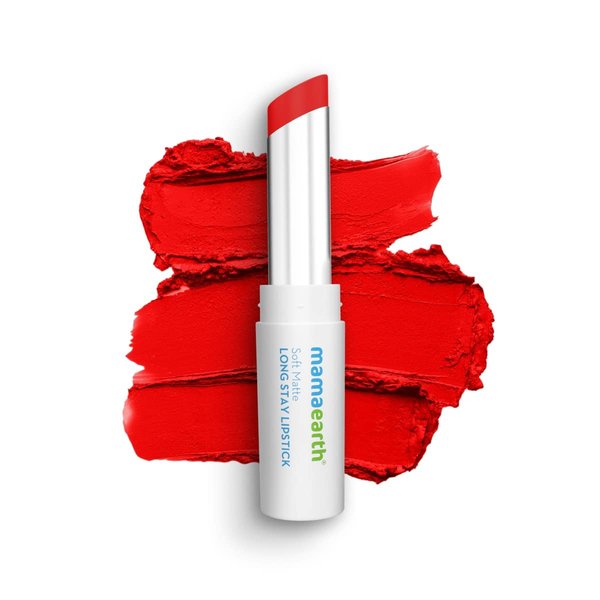 MAMAEARTH Soft Matte Hydrating Lipstick (08 - Red Dahlia) | 12-Hour Long Stay Lightweight Formula | Waterproof & Non-Drying | Smooth Matte Finish | 0.12 Oz (3.5g)