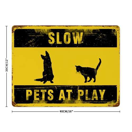 Funlucy Warning Sign Slow Pets at Play Sign,Dog And Cat at Play Rustic Signs 12x16 Inch Waterproof Aluminum Tin Signs for Indoor & Outdoor Road Community Street Home Decoration