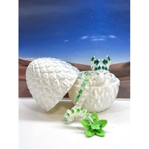 3D Printed Cherry Blossom Dragon with Dragon Egg, 12" Articulated White and Yellow Green Cherry Blossom Dragon, Home Decor Executive Desk Toys,Fidget Toys for Autism/ADHD D055-WE