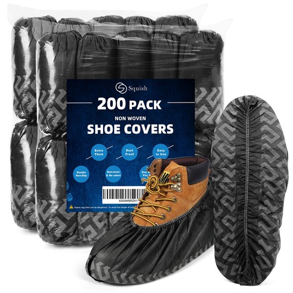 squish 200 Pack Shoe Covers Disposable Non-Slip, Black Non-Woven Fabric Boot Covers for Indoors Breathable Slip Resistant Durable Boot&Shoes Cover, Protector Covers Fits Virtually Most Shoes