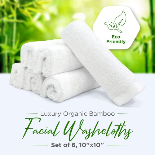 Luxury Facial Washcloths, Made from 100 Percent Rayon Bamboo, Makeup Remover, Reusable Absorbent, Gentle for Delicate Sensitive Skin, Set of 6, 10"X10" (White)