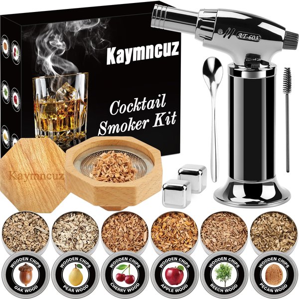 Cocktail Smoker Kit with Torch, Kaymncuz Whiskey Smoker Kit with 6 Flavors Wood Chips, 2 Whiskey Stones, Mens Gifts, Gifts for Men, Dad, Husband(No Butane)