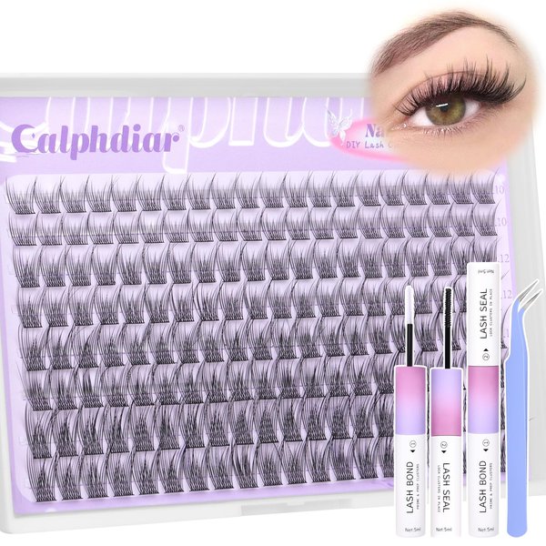 calphdiar Natural Lash Extension Kit Wispy Lash Clusters Kit C Curl Cluster Eyelash Extensions Kit 160pcs Lash Kit with 10-16mm Eyelash Clusters and Lash Bond and Seal Tweezers for DIY Lash Extensions