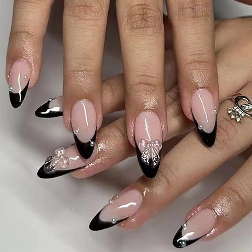MERVF Almond Press on Nails Medium Fake Nails Black French Tip Stiletto Glue on Nails with 3D Bow Pearls Design Acrylic False Nails Press ons 24pcs Glossy