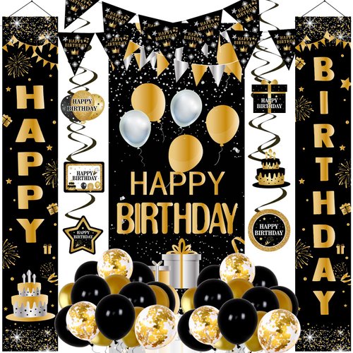 Black and Gold Party Decorations for Men Boys Women, Black and Gold Birthday Banner Backdrop Party Decorations for Men Confetti Black and Gold Balloons Door Banner Pennant Banner Flags Streamers
