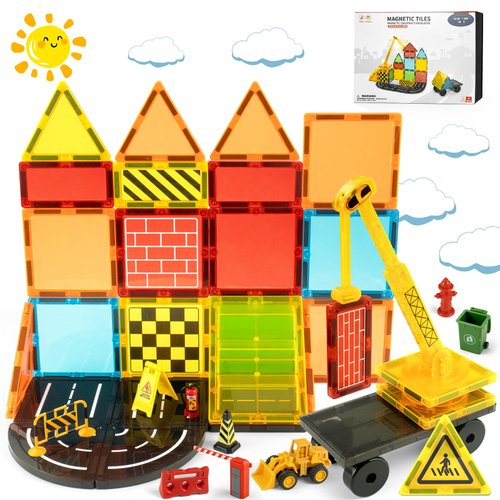 TEAM TOWER GAME Magnetic Tiles Kids Construction Toys with Magnet Road Pieces, Construction Truck Toys and Traffic Road Signs, Magnet Building Blocks Toys