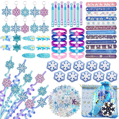 132Pcs Snowflake Party Favors Set Birthday Party Supplies Include 12 Bracelets, 10 Keychain, 10 snowflake squishies,10 wristbands,10 Hair accessories,10 straws,10 Bubble,50 Stickers and 10 Gift bags
