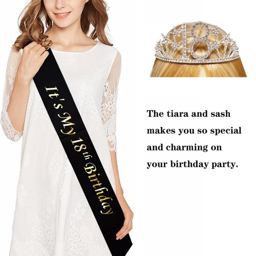 Happy 18th Birthday Tiara and Sash Gifts Crystal Rhinestone Princess Crown Birthday Girl Party Favor Supplies Silver Crowns Black Sash