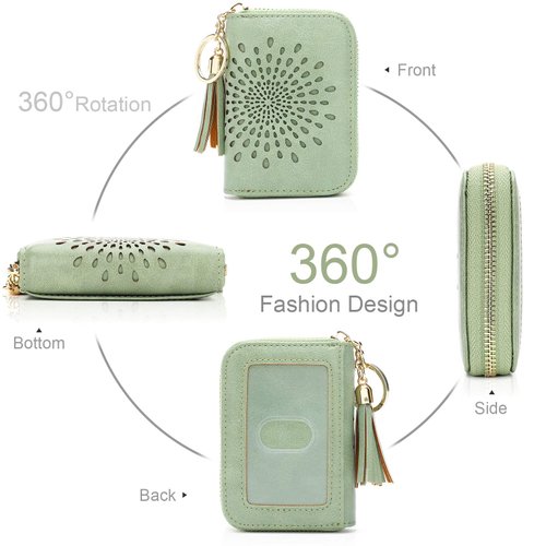 APHISON RFID Credit Card Holder Zipper Card Case Small Wallets for Women Leather Sunflower style Ladies Girls/Gift Box 1927 GREEN