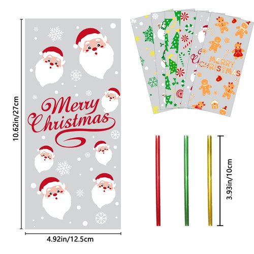 JOICEE 120PCS Christmas Cellophane Candy bags, Xmas Cello Treat Goody Bags with Ties for Christmas Holiday Party Favors