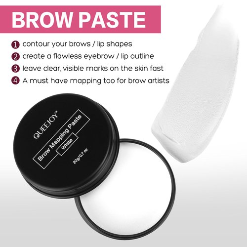 QUEEJOY 20g White Brow Mapping Paste Brow Contour Paste Brow Lip Shape Position Tool,2pcs Eyebrow Brush Set, Mapping Tool for Sketching Contouring the Eyebrow and Lip
