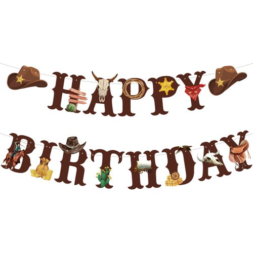 Western Cowboy Theme Wild West Party Decoration,Pre-Strung Happy Birthday Banner,Retro Horse Rodeo Party Supplies for Boys,Cowboy Hat Horses Garland for Boys Birthday Party
