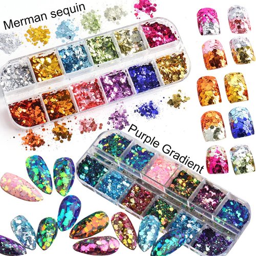2 Boxes 24 Colors Chameleon Holographic Glitter Mermaid Nail Art Sequins 3D Flakes Laser Gradient Nail Glitter Design Shiny Glitters Powder Accessories for Women Manicure DIY Nail Art Decorations