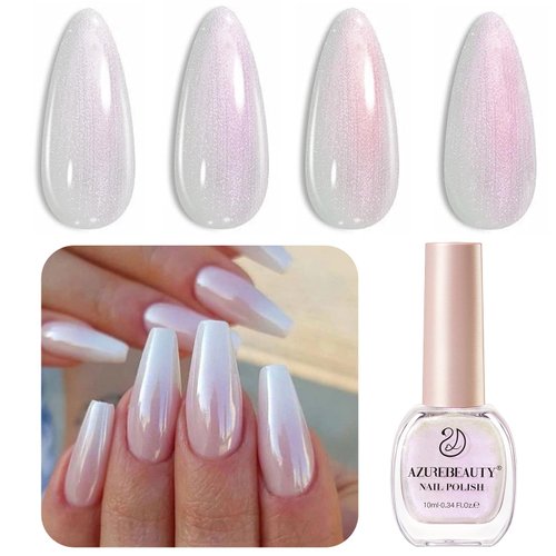 AZUREBEAUTY Vegan Shine White Nail Polish, Glitter Pearl White Quick Dry Complete Natural Super L...