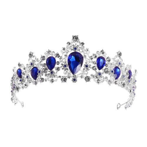 Minkissy Royal Crystal Tiara Blue Rhinestone Queen Crown Princess Headband Bridal Hair Accessories for Wedding Party Prom