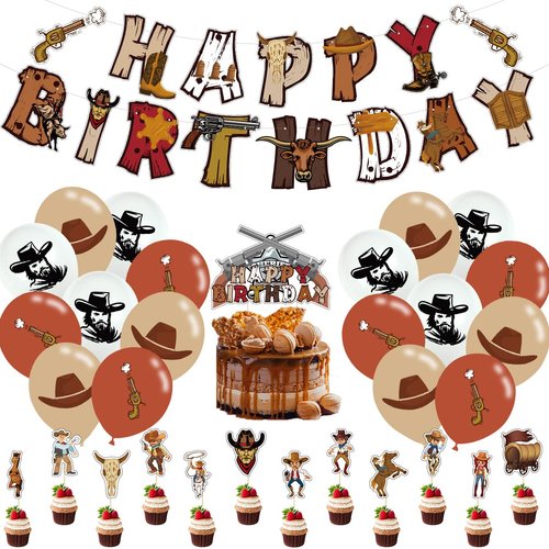 Cowboy Birthday Party Decorations, Western Cowboy Theme Happy Birthday Banner Latex Balloons Cake Cupcake Toppers for Boys Kids Birthday Rodeo Horse Racing Cow Pony Theme Party Supplies