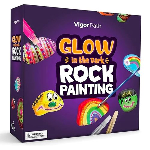 VIGOR PATH Kids Rock Painting Kit: 28-Piece Art and Craft Bundle - Includes 10 Paints (Glow in The Dark and Standard), Crafting Supplies, Ideal for Boys and Girls, Perfect for Kids Ages 4 and Above