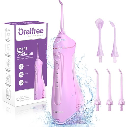 Water Dental flosser for Teeth Cleaning - Oralfree Braces Care, Cordless Portable Rechargeable Oral Irrigator 4 Modes 5 Tips IPX7 Waterproof Powerful Battery Water Teeth Cleaner Pick for Home Travel