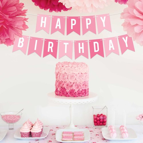 Pre-Strung Happy Birthday Banner - NO DIY - Pink Birthday Party Banner - Pre-Strung Garland on 6 ft Strands - Pink Multi Color Birthday Party Decorations for Women & Girls. Did we mention no DIY?