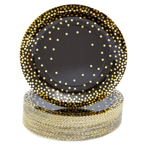 48-Pack Black and Gold Party Plates, 7 Inch Paper Plates for Birthday Cake and Desserts