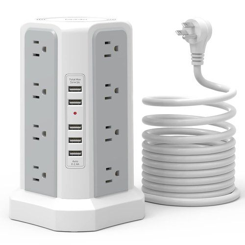 Surge Protector Power Strip Tower with USB Ports, Fararaka 10 FT Extension Cord with 16 Multiple Outlets and 5 USB Ports, Flat Plug Charging Station for Home, Office, Dorm Room