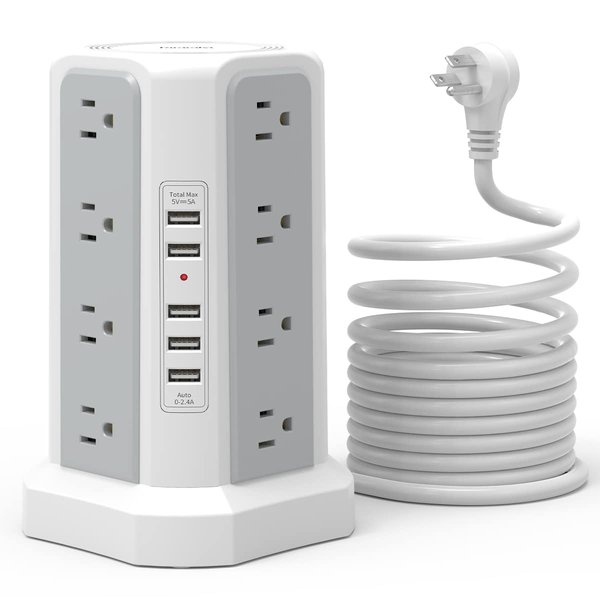 Surge Protector Power Strip Tower with USB Ports, Fararaka 10 FT Extension Cord with 16 Multiple Outlets and 5 USB Ports, Flat Plug Charging Station for Home, Office, Dorm Room
