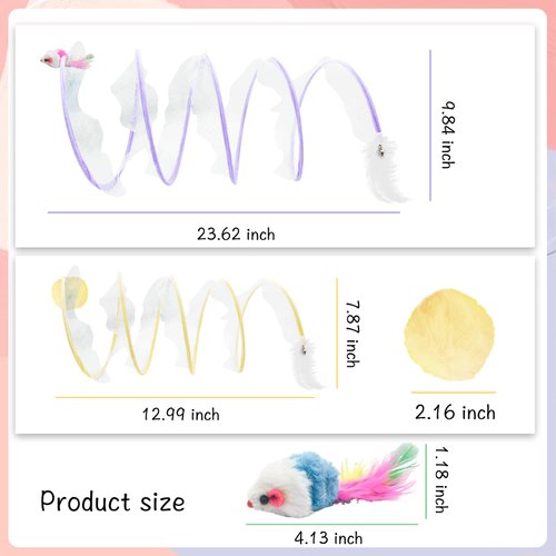 Andiker Folded Cat Tunnel Spring Toy, 10inch Spiral Cat Tunnels Toy with White Feather&Plush Mice&Bell 3 in 1 Folded Cat Tubes Interactive Cat Toys for Indoor Cats to Exercise, Relax (Purple, L)