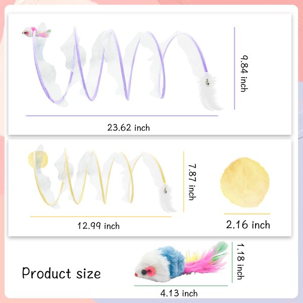 Andiker Folded Cat Tunnel Spring Toy, 10inch Spiral Cat Tunnels Toy with White Feather&Plush Mice&Bell 3 in 1 Folded Cat Tubes Interactive Cat Toys for Indoor Cats to Exercise, Relax (Purple, L)