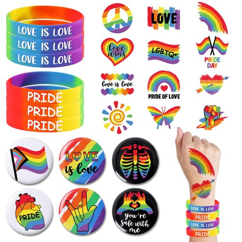 Sinasasspel 24 pcs Pride Month Decorations 6 Silicone Bracelets Wristband 6 Badge Pins Buttons 12 pcs Temporary Tattoo Stickers Pride Accessories LGBTQ Pride Party Favors Gift Set