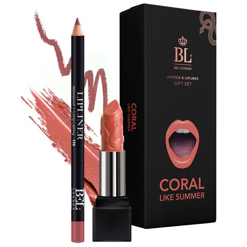 BL Color Matched Lip Liner & Lipstick Set (Coral) - Full-Coverage Argan Long Lasting Lipstick and Lip Liner Set With Natural Oils for Nourishment, Hydration, & Protection - Chemical-Free