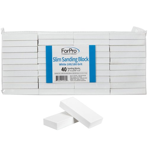 ForPro Slim Sanding Block, White 100/180 Grit, for Manicures and Pedicures, Non-Damaging or Scratching, 5” H x 3” L x 1” W, 40-Count