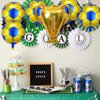 6Pcs Soccer Party Balloons Set, Championship Trophy Balloon and Yellow Blue Soccer Foil Balloons for Birthday Baby Shower Wedding Anniversary Soccer Themed Party Decoration Supplie