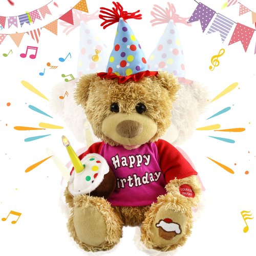Houwsbaby 13.5'' Birthday Teddy Bear Interactive Stuffed Animal Electric Singing Musical Plush Toy with Cupcake, Glow Candle Teddy Bear Presents for Kids Girls Boys Birthday Holiday