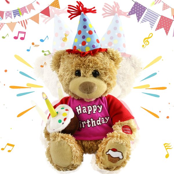 Houwsbaby 13.5'' Birthday Teddy Bear Interactive Stuffed Animal Electric Singing Musical Plush Toy with Cupcake, Glow Candle Teddy Bear Presents for Kids Girls Boys Birthday Holiday