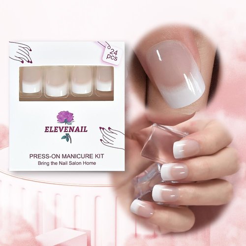 ELEVENAIL Daily Natural Nude white Press on French Nails Short Squoval Fake False Nails Tips Salon Manicure Reusable DIY Artificial Nails Art for Daily Office Home