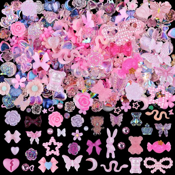 Kikonoke 3D Cute Nail Charms, 100 Pieces Rabbit Butterfly Flower Bow Nail Art Charms Mixed Flatback Nail Rhinestones Pearls and Nail Glitter As Gift, Resin Charms for Nails Design DIY Crafts (Pink)