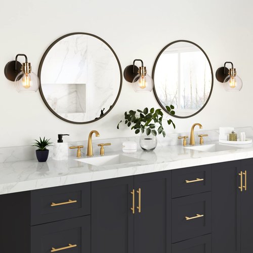 Wall Sconces, 1-Light Black Bathroom Light Fixtures with Electroplated Gold Brass Socket, Farmhouse Black and Gold Sconces Wall Lighting, Clear Glass Shade (L 5.5" x W 8" x H 8")