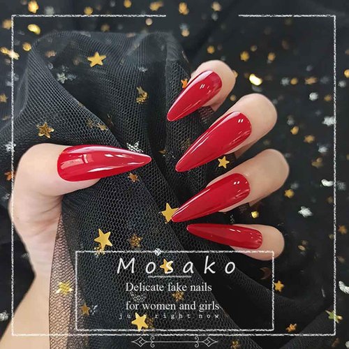 Mosako Stiletto Press on Nails Extra Long Fake Nail Red False Nails Tips Glossy Full Cover Acrylic Nails Faux Fingernails Manicure Designed Stick on Nails for Women and Girls 24Pcs