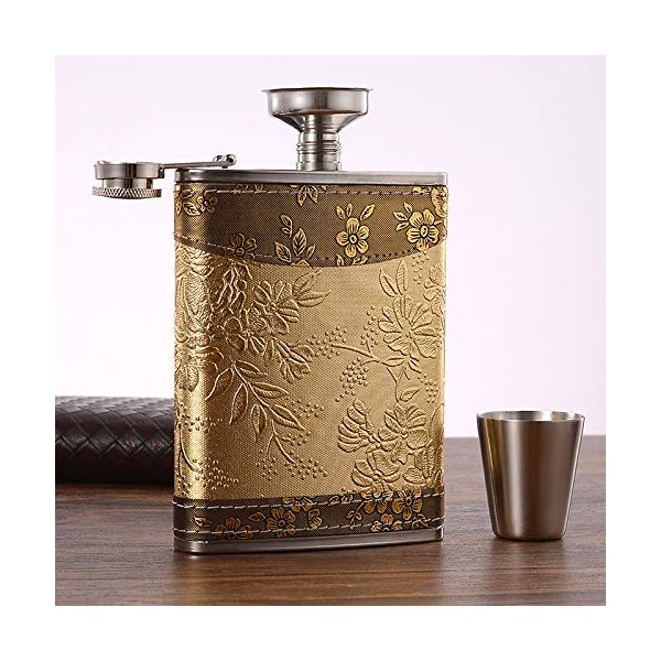 Golden pattern 8 Oz Gift 100% Stainless Steel(304/18-8 SS).Bonus 2 Shot Glass+1Funnel+1Giftbox.Flask Leak Proof Tested.Flask for Liquor/Alcohol.Flask for Men/Women