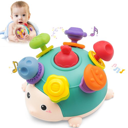 VViN Hedgehog Teether for Babies 6 9 12 18 Months, Colorful 3-in-1 Rattle, Teether, Spin Toddler Sensory Toys- Montessori Toys for 1 Year Old, Ideal for Teething Relief, Travel, & Gift Giving (Blue)