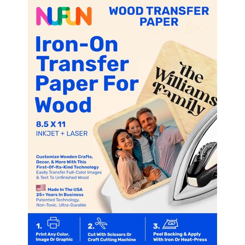 NuFun Activities Printable Iron-on Heat Transfer Paper for Wood, 5 Sheets 8.5 x 11 inch, Long Lasting, Durable, Professional Quality, Easy DIY, Non-Toxic, Made in The USA