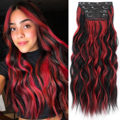 KooKaStyle Hair Extensions Black Hair with Red Highlights Clip in Synthetic Highlight Hair Extensions Long Wavy 4PCS Thick Hairpieces 20 Inch for Women