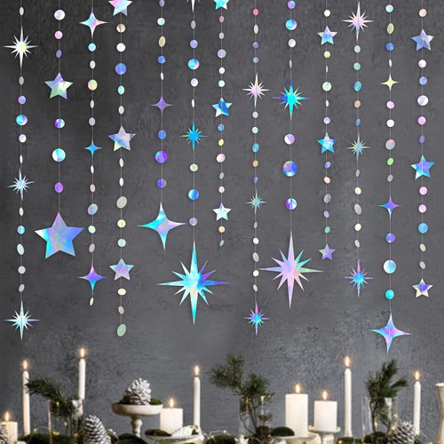 Iridescent Party Decorations Star Circle Dot Paper Garland Banner Bunting Streamer Metallic Hanging Twinkle Star Decoration for Kids Birthday Baby Shower Wedding Festival Engagement Bling Bling Decor