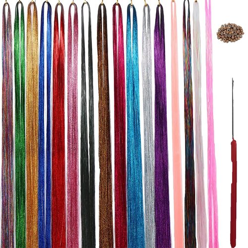 Hair Tinsel Kit Tool, Glitter Hair Fairy Tinsel Hair Extensions 16 Colors Hair Tinsel Heat Resistant Sparkling Hair Glitter for Christmas