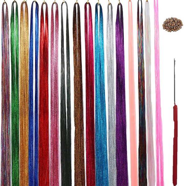 Hair Tinsel Kit Tool, Glitter Hair Fairy Tinsel Hair Extensions 16 Colors Hair Tinsel Heat Resistant Sparkling Hair Glitter for Christmas